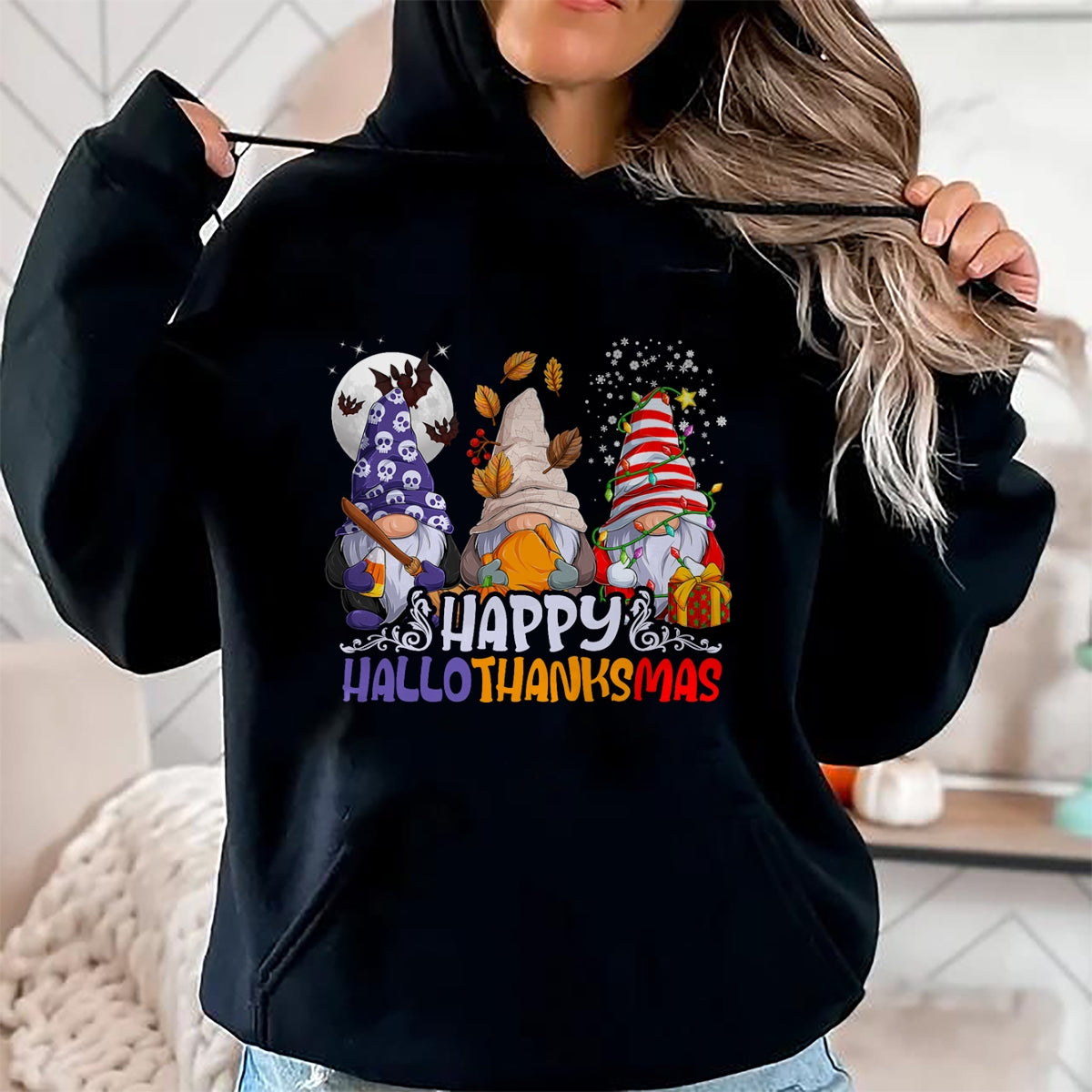 Christmas Shirts for Family, Funny christmas shirts, Christmas Unisex T-Shirt/Hoodie/Sweatshirt HLT00 - HalloThanksMas Gnomes Halloween Thanksgiving Christmas Happy T-Shirt
