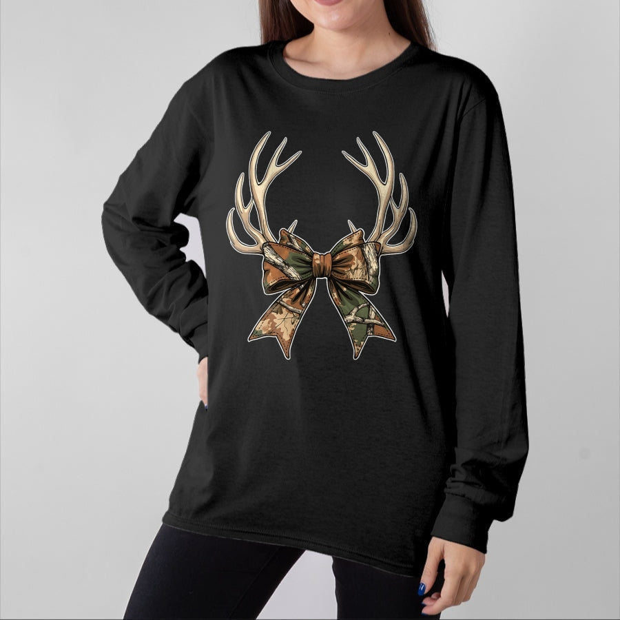 Funny Hunting Shirt, Gift For Hunting Lover Unisex T-Shirt/Hoodie/Sweatshirt HLT00 - Camo Coquette Bow Deer Antlers Hunting Women Girl Camouflage T-Shirt