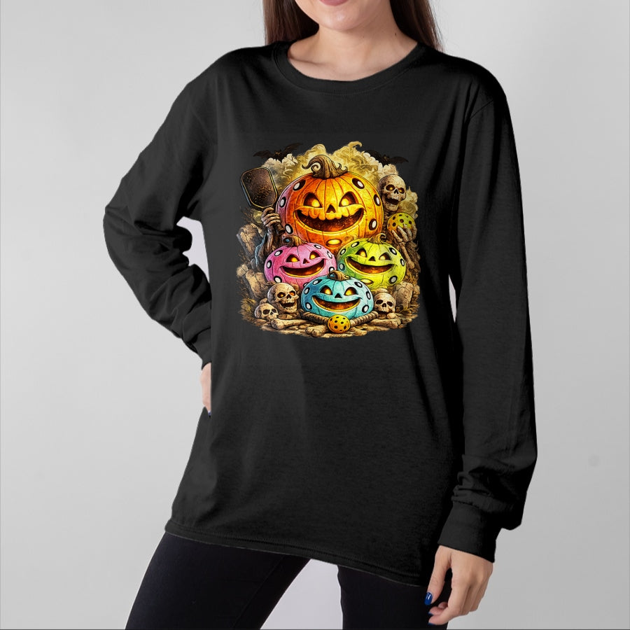 Funny Pickleball Shirt, Pickleball Lover Unisex T-Shirt/Hoodie/Sweatshirt HLT00 - Halloween Pickleball Pumpkins and Skeletons T-Shirt