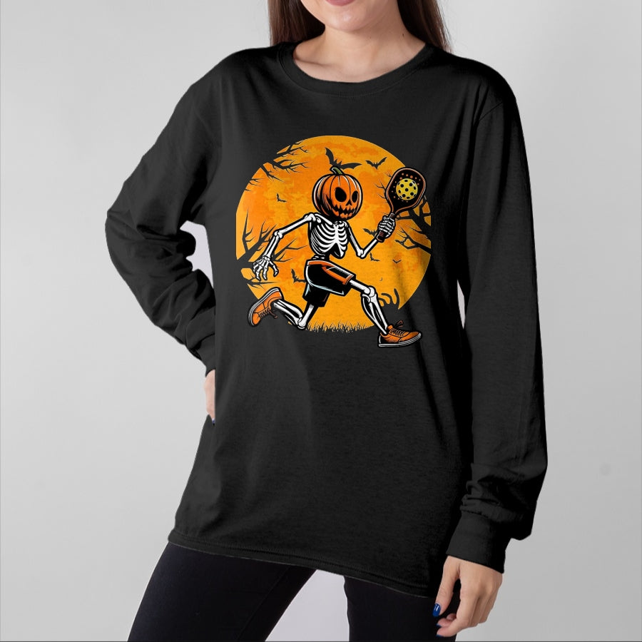 Funny Pickleball Shirt, Pickleball Lover Unisex T-Shirt/Hoodie/Sweatshirt HLT00 - Halloween Pickleball Pumpkin Skeleton Pickleball Halloween T-Shirt