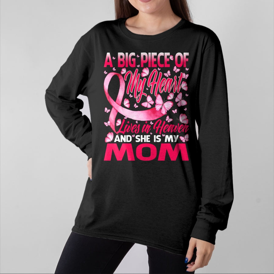 Gift for Mom Shirt, Funny Mom Unisex T-Shirt/Hoodie/Sweatshirt HLT00 - Mom In Heaven Butterfly Breast Cancer Awareness T-Shirt