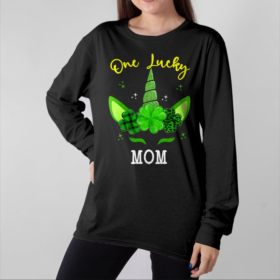 Gift for Mom Shirt, Funny Mom Unisex T-Shirt/Hoodie/Sweatshirt HLT00 - Leopard Shamrock Unicorn One Lucky Mom St Patricks Day T-Shirt