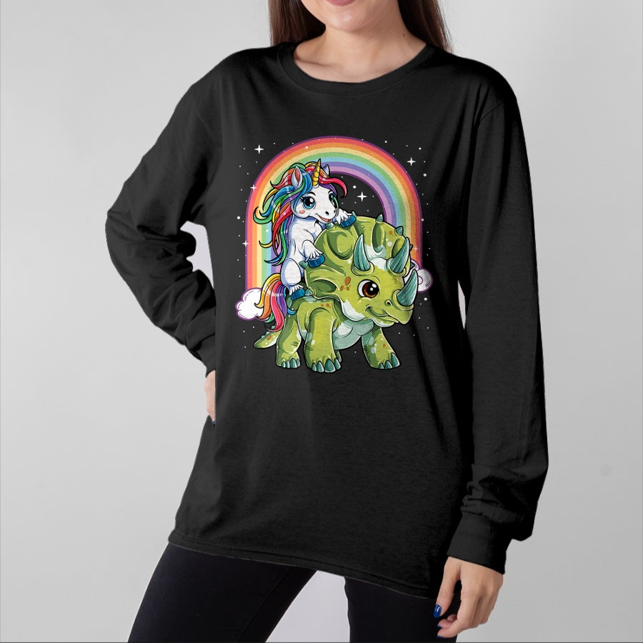 Best Dinosaur Lover Shirt, Funny Dinosaur UnisexT-Shirt/Hoodie/Sweatshirt HLT00 - Unicorn Riding Dinosaur Triceratops Funny Boys Girls Rainbow T-Shirt Small
