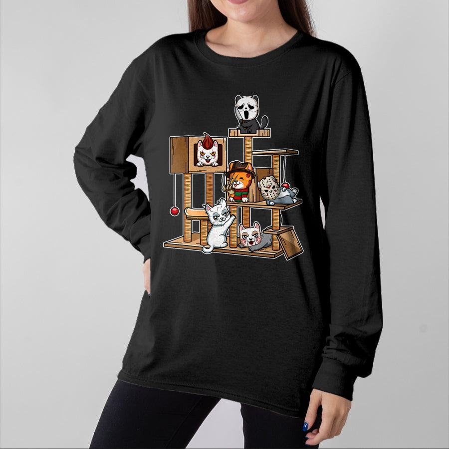Cat Love Shirt, Funny Cat Lover Gift UnisexT-Shirt/Hoodie/Sweatshirt HLT00 - Funny Horror Movie Kitten Playing On Cat Tree T-Shirt