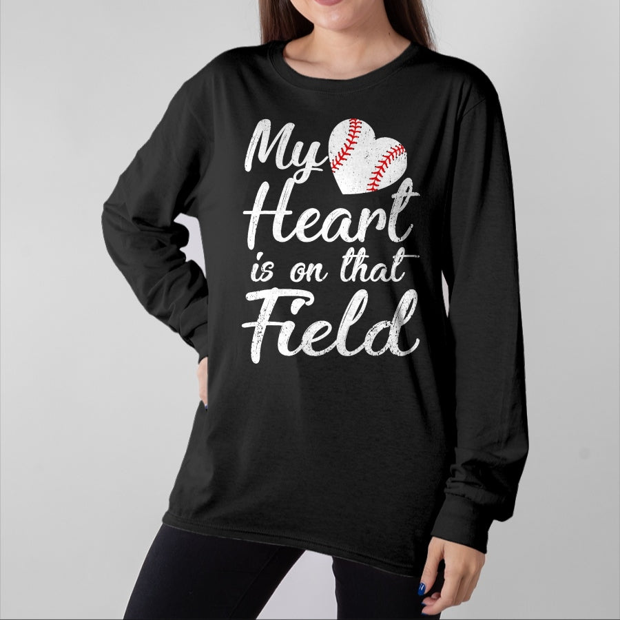 Gift for Mom Shirt, Funny Mom Unisex T-Shirt/Hoodie/Sweatshirt HLT00 - My Heart is on That Field Baseball Softball Mom Gifts T-Shirt