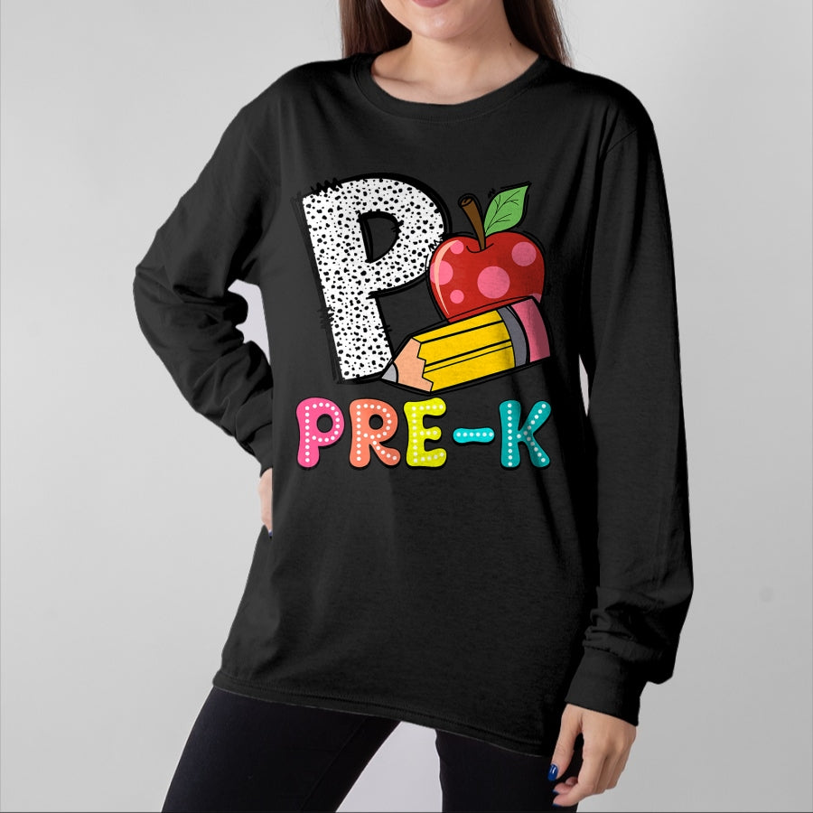 Best Student Shirt, Funny Back To School UnisexT-Shirt/Hoodie/Sweatshirt HLT00 - P is for Pre-K Teacher Pencil Apple Back to School T-Shirt