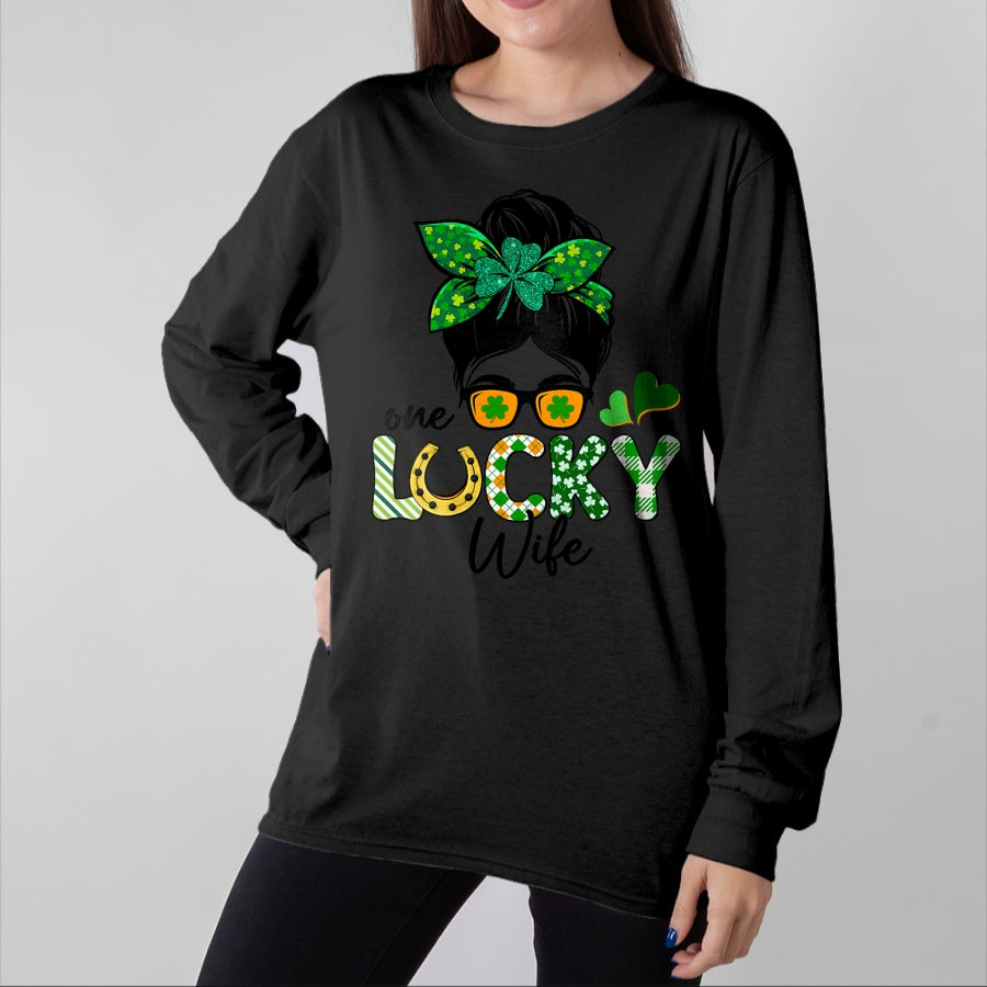 Best Wife Shirt, Wife and Husband Unisex T-Shirt/Hoodie/Sweatshirt HLT00 - Gift for wife T shirt, lucky wife One Lucky Wife Messy Bun Irish St Patricks Day Shamrock T-Shirt