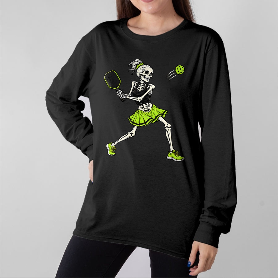 Funny Pickleball Shirt, Pickleball Lover Unisex T-Shirt/Hoodie/Sweatshirt HLT00 - Funny Pickleball Skeleton Halloween Sport Spooky Women Girls T-Shirt