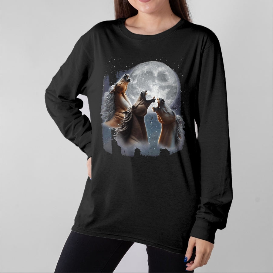 Best Horse Lover Shirt , Funny Horse UnisexT-Shirt/Hoodie/Sweatshirt HLT00 - 3 Horses Howling At The Moon Funny Horse Lover Equestrian T-Shirt, Men, Black, 3X-Large