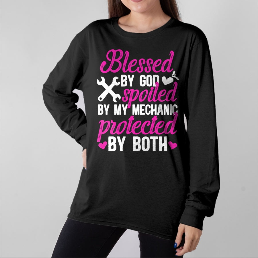 Best Wife Shirt, Wife and Husband Unisex T-Shirt/Hoodie/Sweatshirt HLT00 - Gift for wife T shirt, spoiled wife Blessed By God Spoiled By My Mechanic Wife Of A Mechanic Pullo