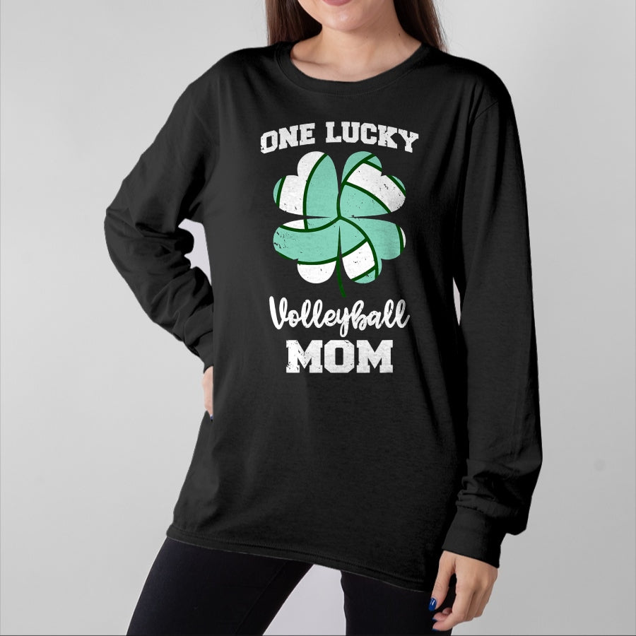 Gift for Mom Shirt, Funny Mom Unisex T-Shirt/Hoodie/Sweatshirt HLT00 - One Lucky Volleyball Mom Funny Volleyball Shamrock Clover T-Shirt