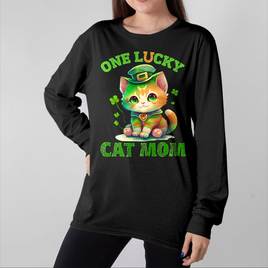Gift for Mom Shirt, Funny Mom Unisex T-Shirt/Hoodie/Sweatshirt HLT00 - One Lucky Cat Mom St Patrick's Day Irish Lucky Cat Shamrock T-Shirt