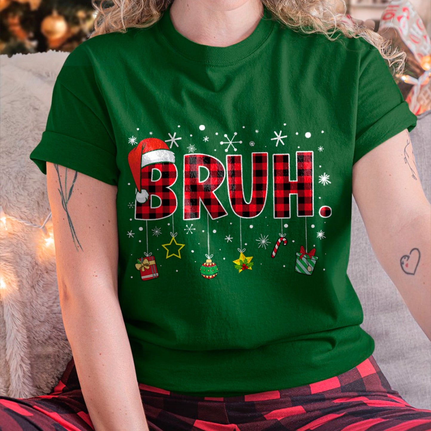 Bruh Funny Christmas Red Plaid Teens Boys Kids Xmas Pajamas T-Shirt for men women (SKU-MRCM-8) FMA male