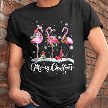 Christmas Shirts for Family, Funny christmas shirts, Christmas Unisex T-Shirt/Hoodie/Sweatshirt HLT00 - Merry Christmas Hat Santa Flamingo Light Christmas Snow T-Shirt