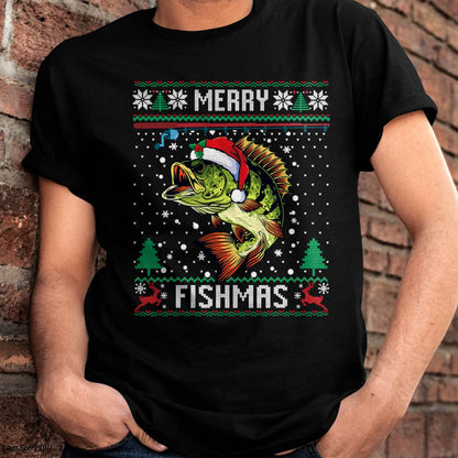 Merry Fishmas Bass Fish Fishing Christmas Ugly Sweater Xmas T-Shirt