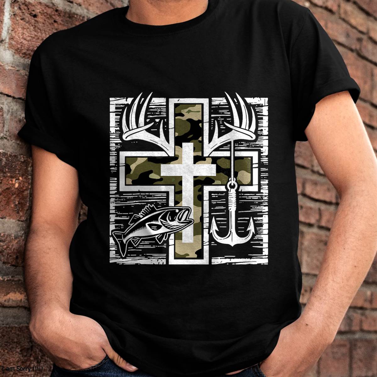 Faith Fishing Hunting Camo Cross with Hook Bass Christian T-Shirt
