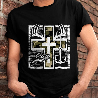 Faith Fishing Hunting Camo Cross with Hook Bass Christian T-Shirt