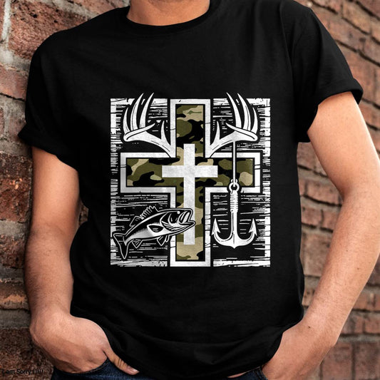 Faith Fishing Hunting Camo Cross with Hook Bass Christian T-Shirt