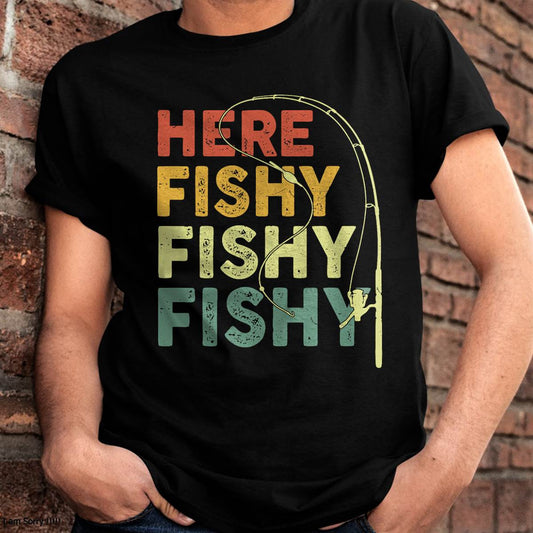 Fishing Here-Fishy Bass Fish Dad Funny T-Shirt