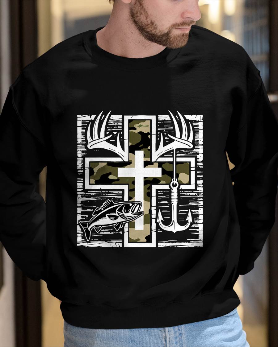 Faith Fishing Hunting Camo Cross with Hook Bass Christian T-Shirt