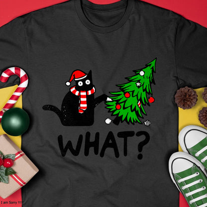 Christmas Shirts for Family, Funny christmas shirts, Christmas Unisex T-Shirt/Hoodie/Sweatshirt HLT00 - Funny Black Cat Gift Pushing Christmas Tree Over Cat What T-Shirt