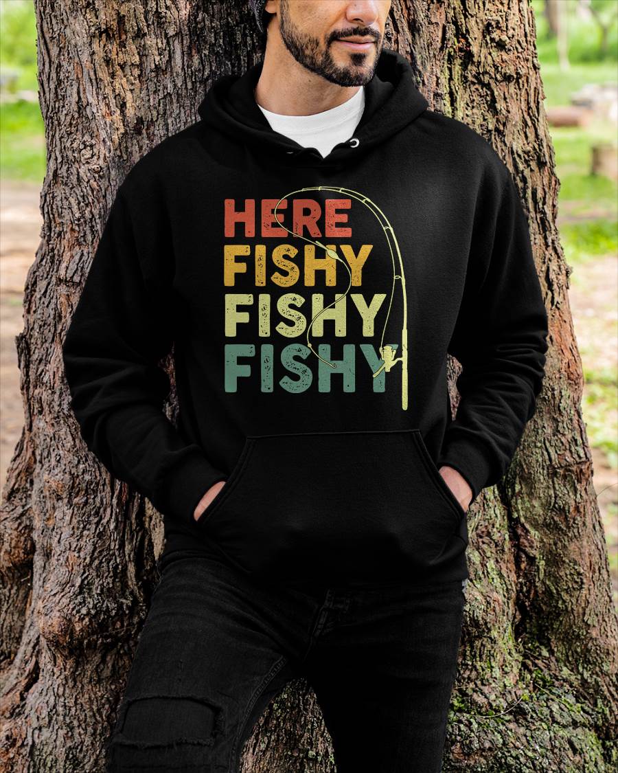 Fishing Here-Fishy Bass Fish Dad Funny T-Shirt