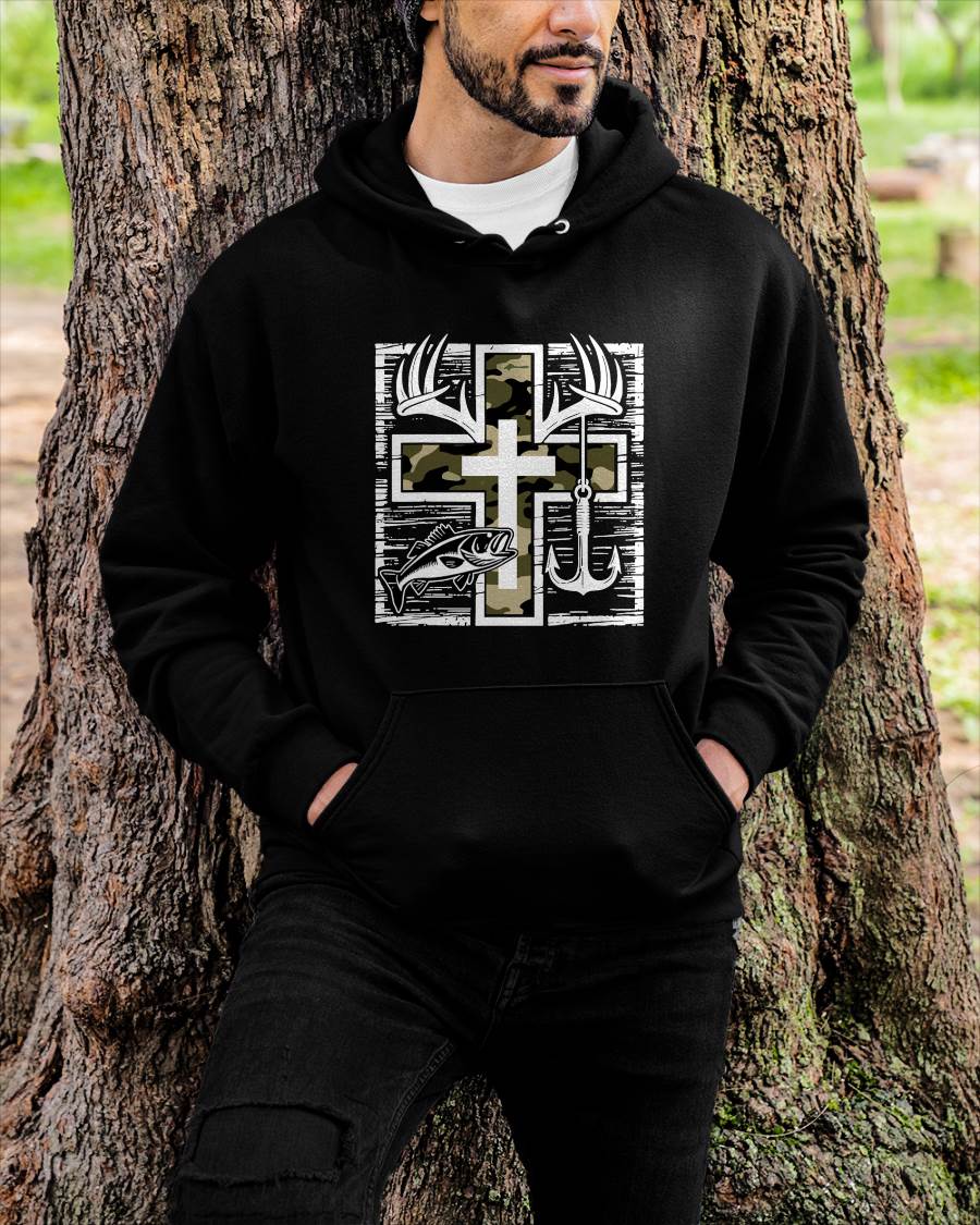 Faith Fishing Hunting Camo Cross with Hook Bass Christian T-Shirt