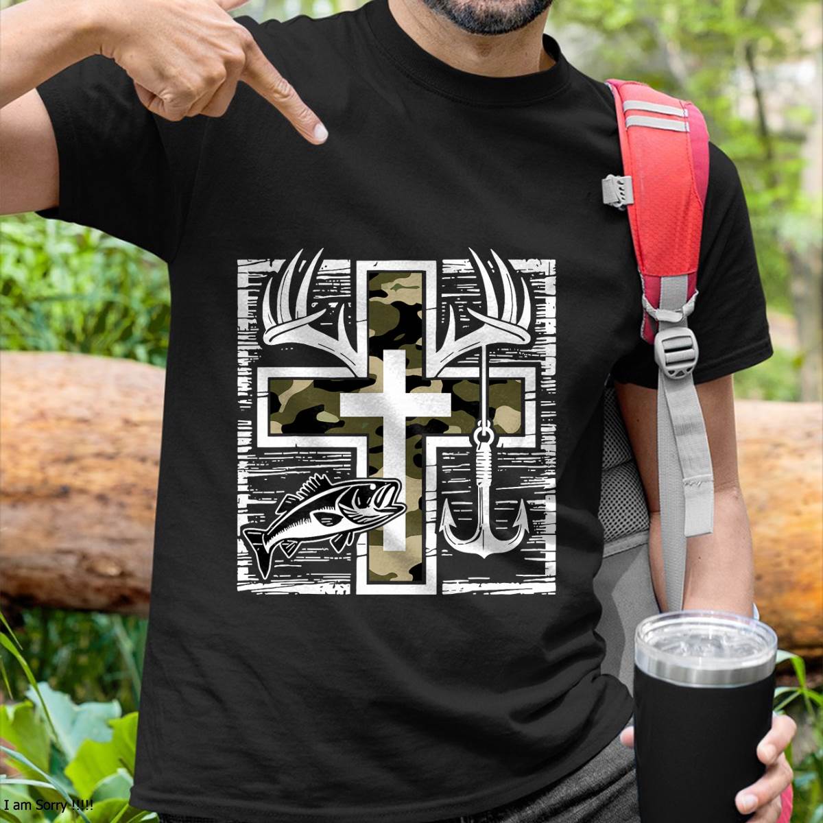 Faith Fishing Hunting Camo Cross with Hook Bass Christian T-Shirt