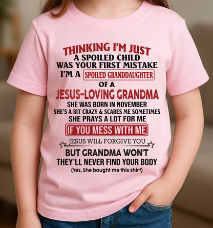 Christian Girl Shirt – Spoiled by Grandma November Edition – From Grandma to Granddaughter NINA11 (SKU07-181-11)