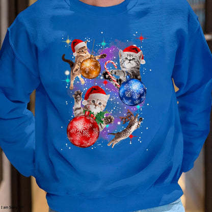 Cute Christmas Cats In Space Ornaments Graphic T-Shirt - Christmas Unisex T-Shirt/Hoodie/Sweatshirt - NINA00