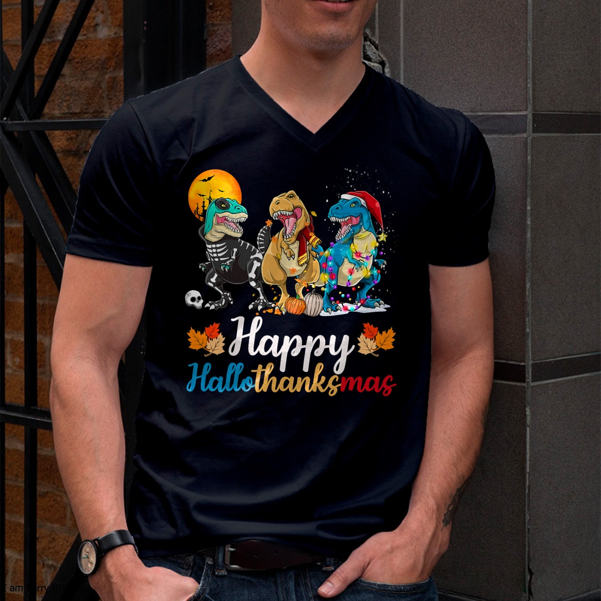 Halloween Thanksgiving Christmas Happy HalloThanksMas T rex T-Shirt - Christmas Unisex T-Shirt/Hoodie/Sweatshirt - NINA00