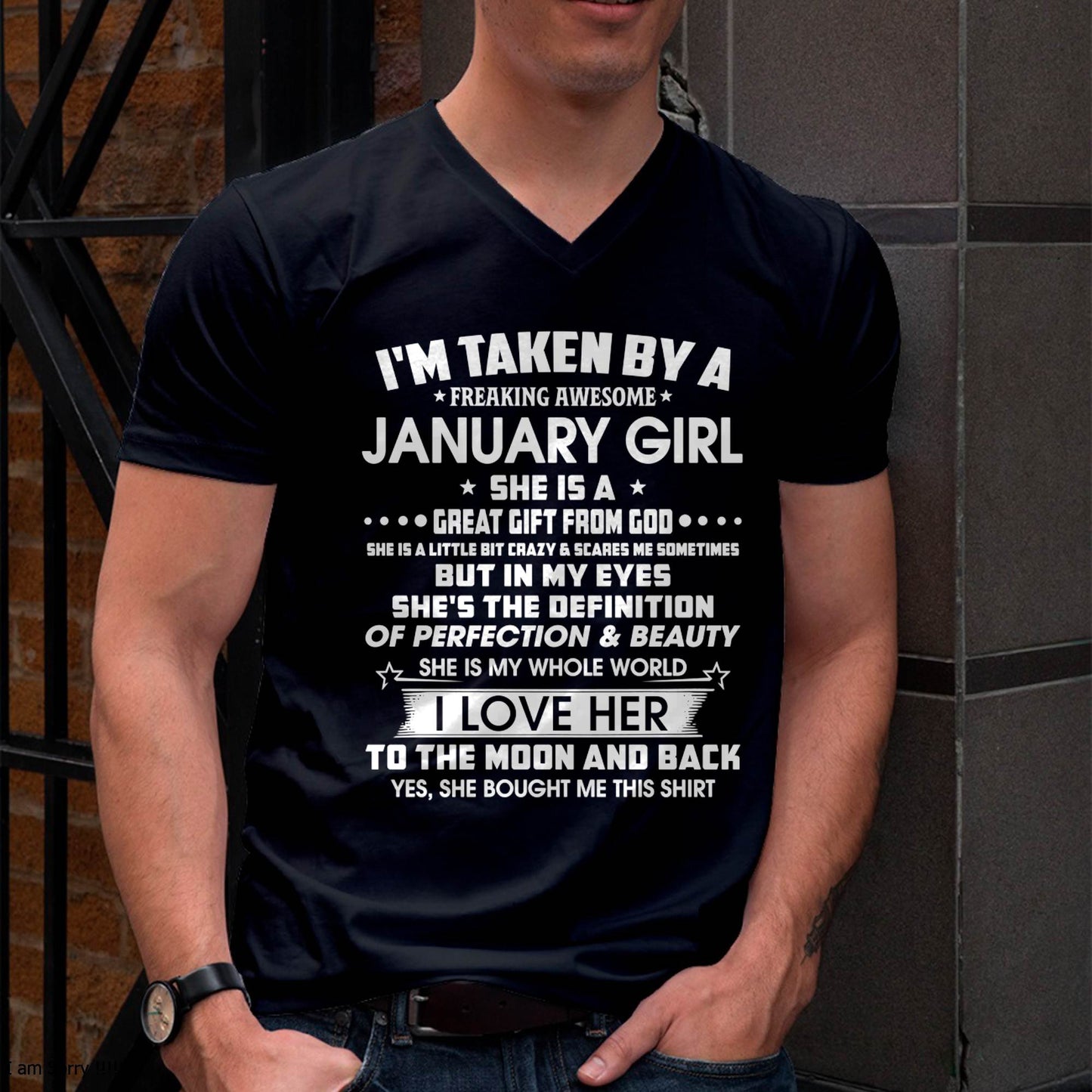 JANUARY – I'M TAKEN BY A FREAKING AWESOME DECEMBER GIRL SHE IS A GREAT GIFT FROM GOD – FROM WIFE – NINA01 (SKU2603-259-01)