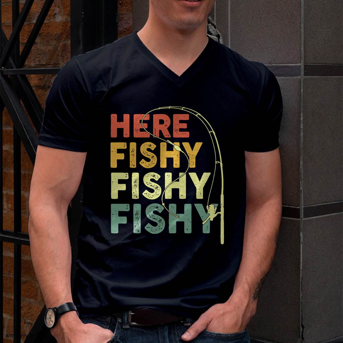 Fishing Here-Fishy Bass Fish Dad Funny T-Shirt