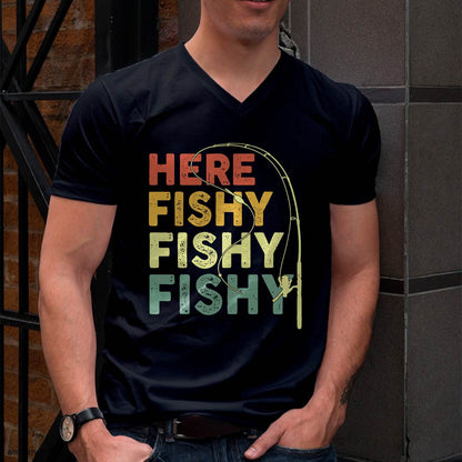 Fishing Here-Fishy Bass Fish Dad Funny T-Shirt