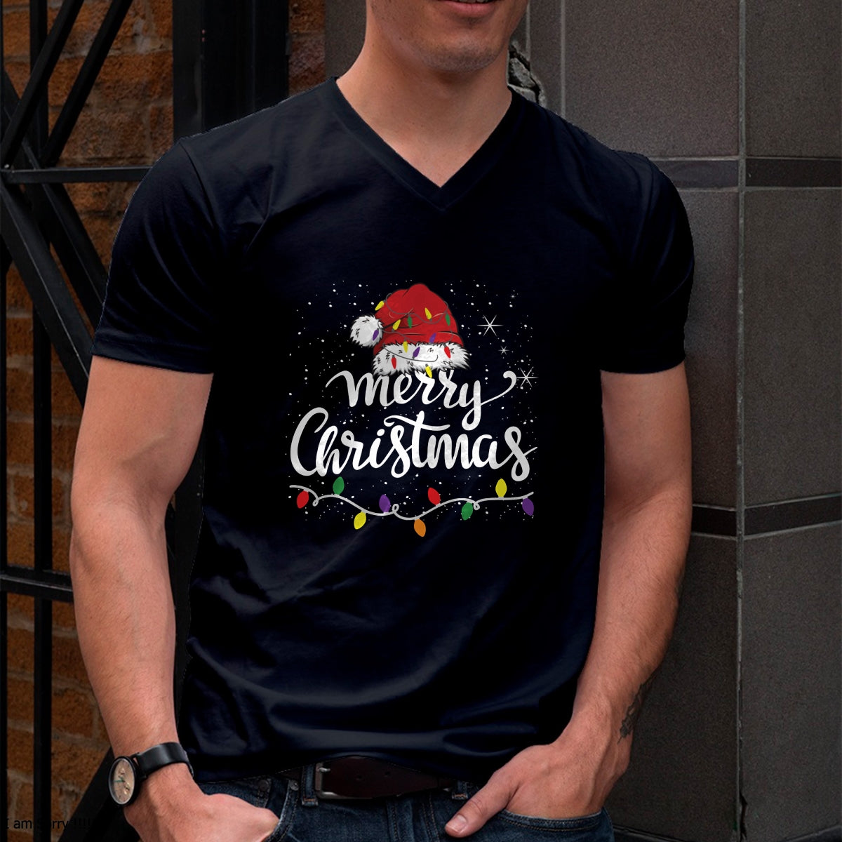 Merry Christmas Lights Red Santa Hat Xmas Family Men Women Pullover - Christmas Unisex T-Shirt/Hoodie/Sweatshirt - NINA00
