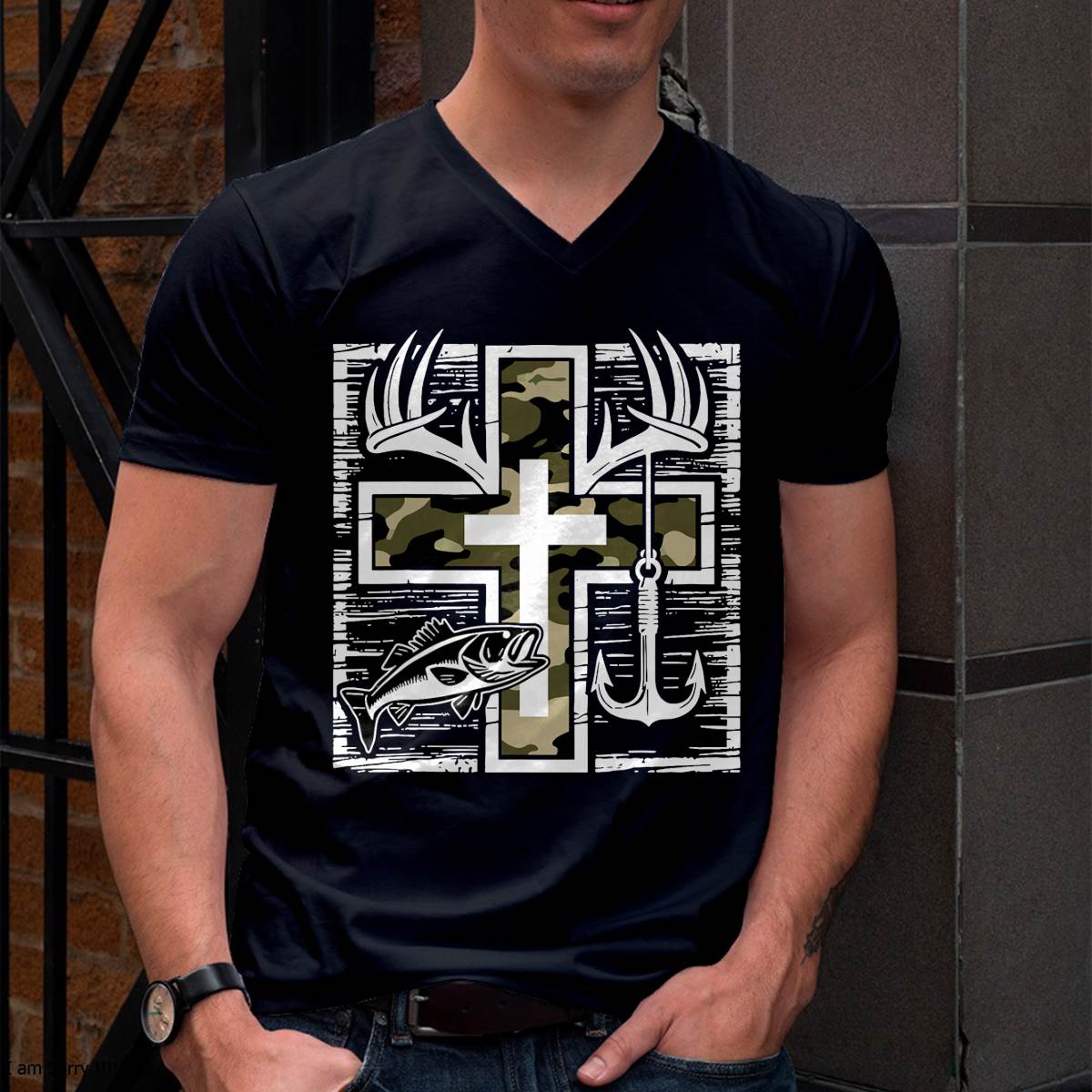 Faith Fishing Hunting Camo Cross with Hook Bass Christian T-Shirt
