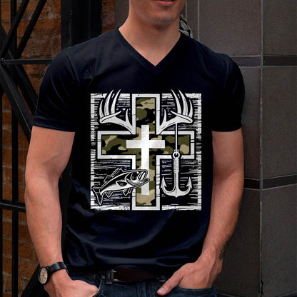 Faith Fishing Hunting Camo Cross with Hook Bass Christian T-Shirt