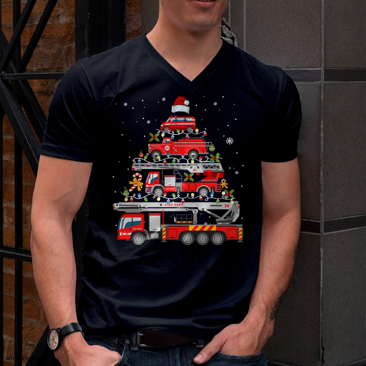 Firefighter Fire Truck Christmas Tree Lights Santa Fireman T-Shirt - Christmas Unisex T-Shirt/Hoodie/Sweatshirt - NINA00