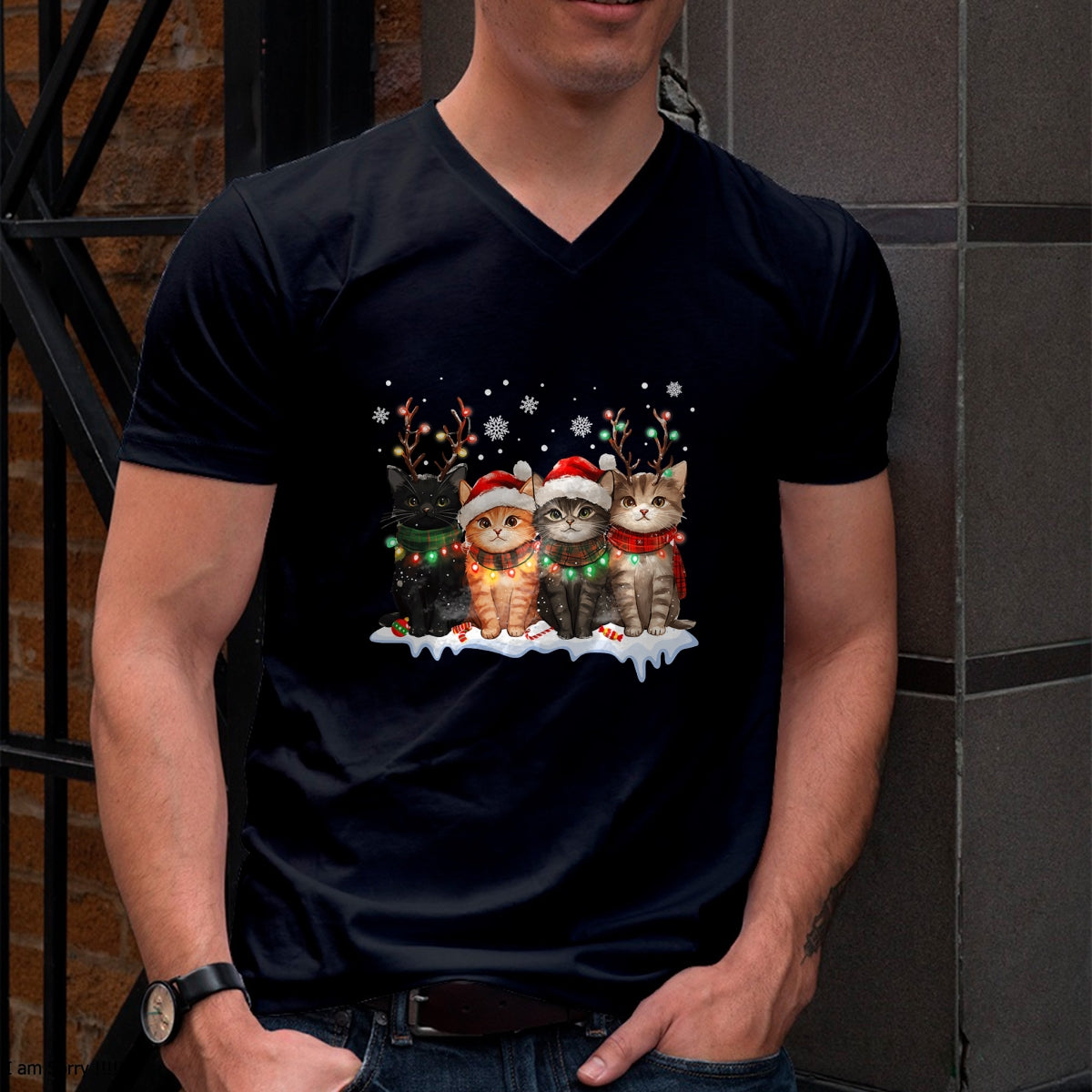 Cat Christmas Light Reindeer Santa Christmas Cat Lover T-Shirt - Christmas Unisex T-Shirt/Hoodie/Sweatshirt - NINA00