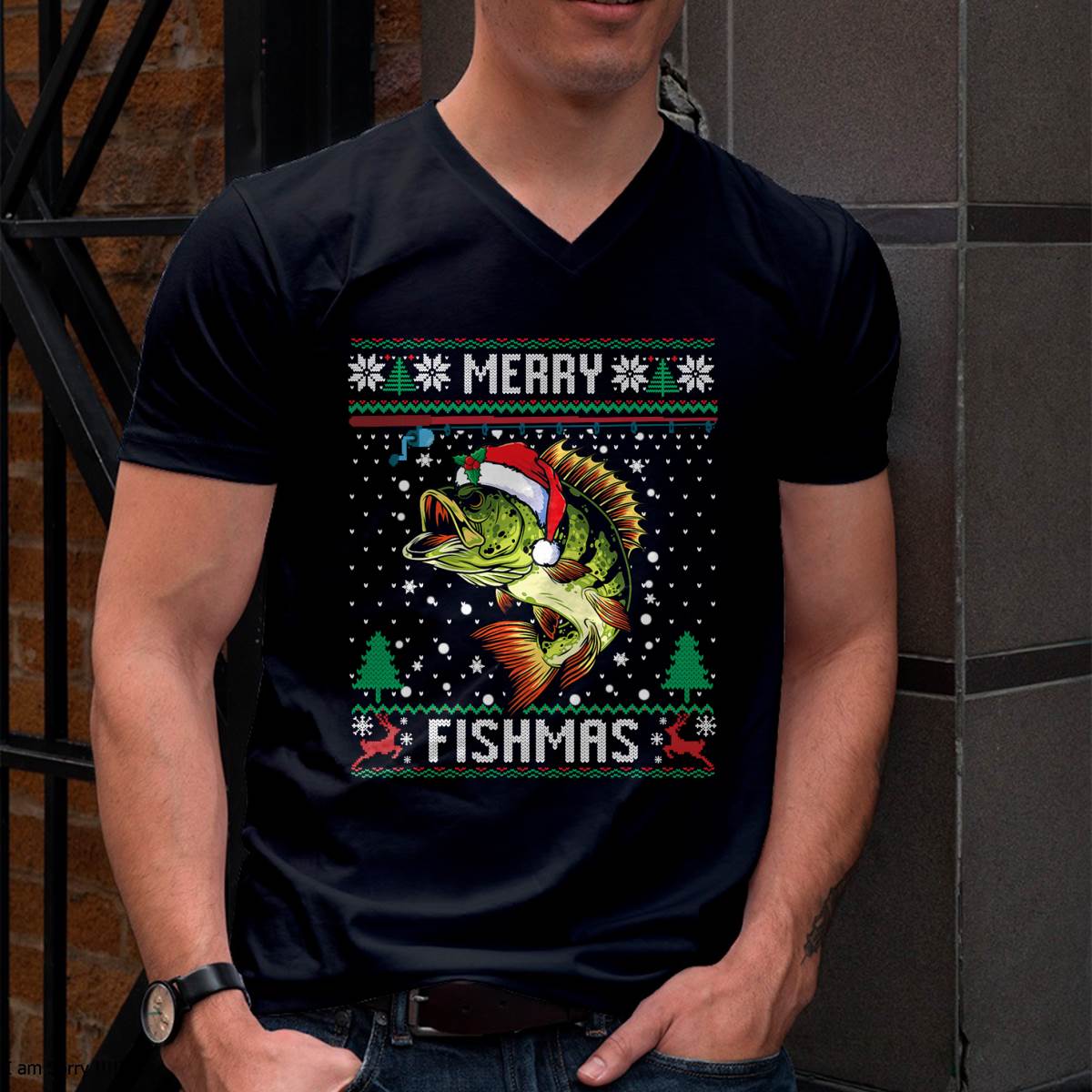 Merry Fishmas Bass Fish Fishing Christmas Ugly Sweater Xmas T-Shirt