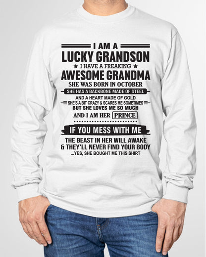 I Am A Lucky Grandson T-Shirt – Birthday Gift From October Grandma / Woman - NINA10 (SKU11-29-10)