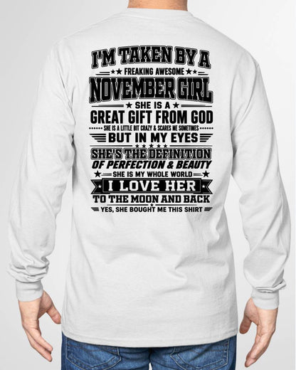 NOVEMBER - I'm Taken By A Freaking Awesome Girl Shirt – Gift for your Boyfriend or Husband from wife - NINA11 (SKU2606-320-11)