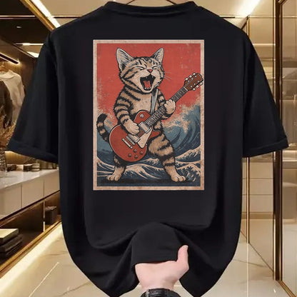 Guitar Lover Shirt, Funny Guitar UnisexT-Shirt/Hoodie/Sweatshirt HLT00 - Cat Playing Guitar Men Women Distressed Rock and Roll T-Shirt, Men, Black, Large