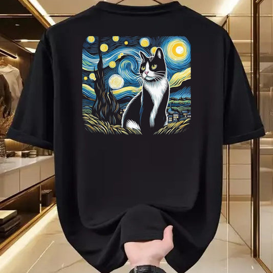 Cat Love Shirt, Funny Cat Lover Gift UnisexT-Shirt/Hoodie/Sweatshirt HLT00 - Tuxedo Cat Starry Night Painting Tuxedo Cat Owner T-Shirt, Men, Black, 3X-Large
