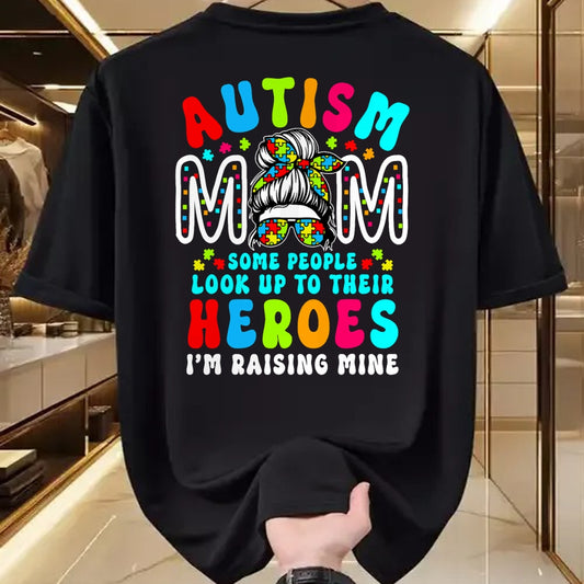 Gift for Mom Shirt, Funny Mom Unisex T-Shirt/Hoodie/Sweatshirt HLT00 - Autism Mom Raising Hero Groovy Messy Bun Autism Awareness T-Shirt