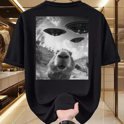 Cute Capybara Shirt, Funny Capybara Unisex T-Shirt/Hoodie/Sweatshirt HLT00 - Funny Capybara Selfie with UFOs Weird Graphic Tee Alien UFO T-Shirt