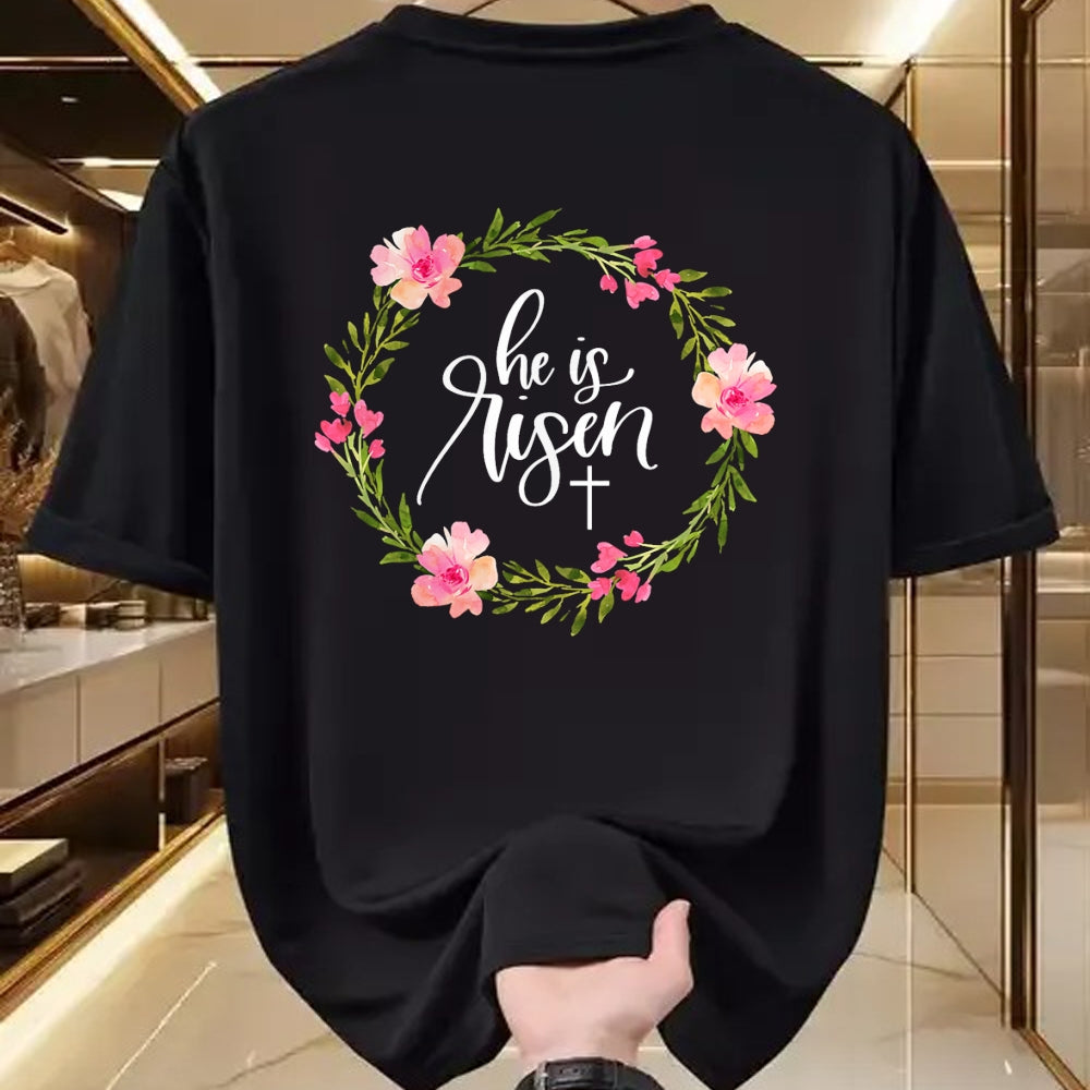 Christian Tee, Christian Faith Unisex T-Shirt/Hoodie/Sweatshirt HLT00 - He is Risen Jesus Christian Happy Easter Floral Wreath Shirt T-Shirt (1)