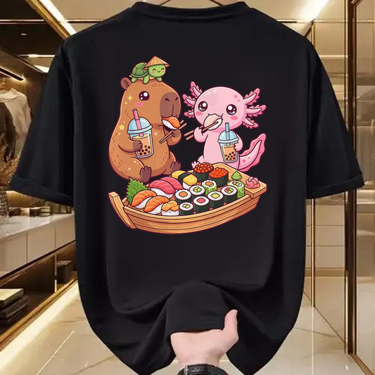 Cute Capybara Shirt, Funny Capybara Unisex T-Shirt/Hoodie/Sweatshirt HLT00 - Cute Capybara Axolotl Sushi Nigiri Bubble Tea Anime Food T-Shirt