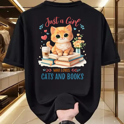 Cat Love Shirt, Funny Cat Lover Gift UnisexT-Shirt/Hoodie/Sweatshirt HLT00 - Just a Girl Who Loves Cats and Books Reading Cat & Bookworm Long Sleeve T-Shirt