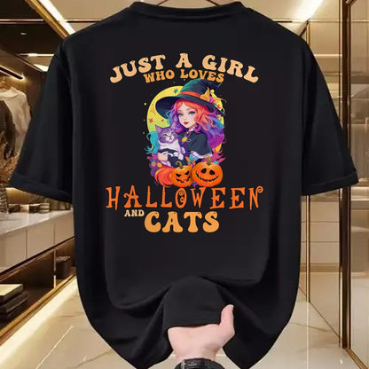 Cat Love Shirt, Funny Cat Lover Gift UnisexT-Shirt/Hoodie/Sweatshirt HLT00 - Just A Girl Who Loves Halloween and Cats Spooky Fall Pumpkin T-Shirt